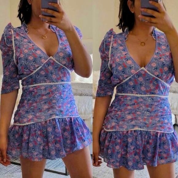 LOVESHACKFANCY Blue Ditzy Floral Sundress Euro Summer Cotton Cottage Coastal 4 - Picture 2 of 10